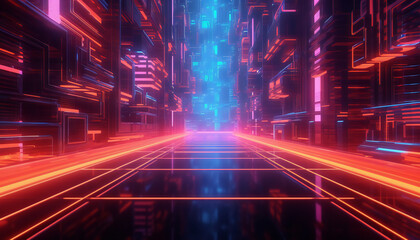 A futuristic abstract background with vibrant neon lines and futuristic cybernetic elements