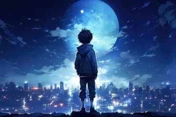 Tuinposter photo anime boy looking at the moon in the city night © Fortunegraph