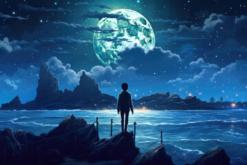 photo anime boy looking at the moon in the night sea