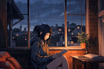 photo Anime lofi young girl studying while listening to music and raining in the outside