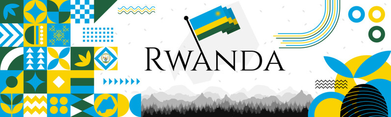 Rwanda Independence Day abstract banner design with flag and map. Flag color theme geometric pattern retro modern Illustration design. Blue, yellow and red color template.