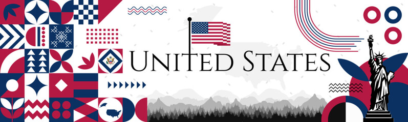United States Independence Day abstract banner design with flag and map. Flag color theme geometric pattern retro modern Illustration design. green and red color template. © Hadducc