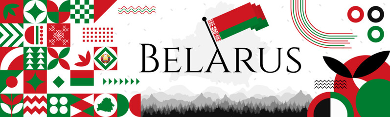 Belarus independence day abstract banner design with flag and map. Flag color theme geometric pattern retro modern Illustration design. Red and Green color template.