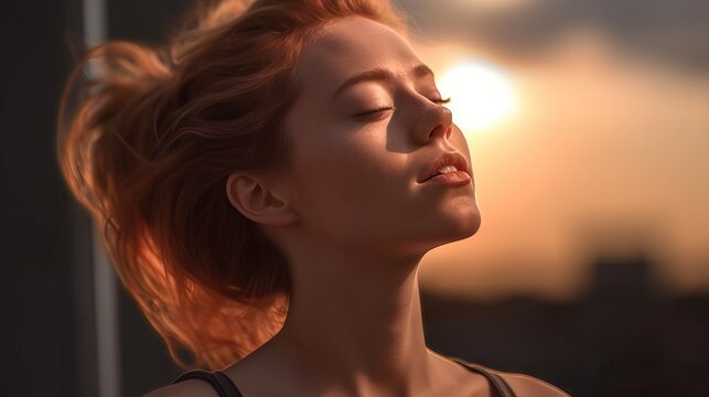 Young woman relaxing looking to the sky during a sunset, idylic image, cinematic tones