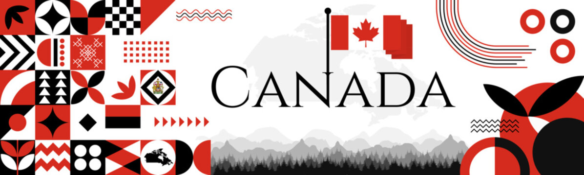 Canada Day abstract banner design with flag and map. Flag color theme geometric pattern retro modern Illustration design. Red color template.
