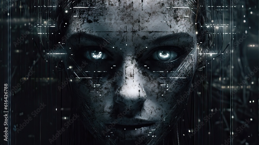 Wall mural robot mechanic face with neural link intelligence, big data. cyberpunk, android robot bionic. artifi