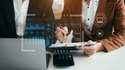 business team discuss with new startup project Idea presentation, analyze planning and financial statistics and investment market at office.