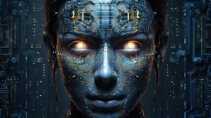 Robot mechanic face with neural link intelligence, big data. Cyberpunk, android robot bionic. artificial intelligence. Science fiction