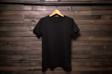 photo a black t shirt is hanging on a hanger