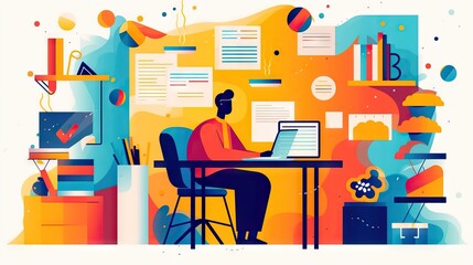 Working at the office. Work on trendy computer in a young space working with style on laptop. Concept of working and developing ideas, colorful vector type illustration