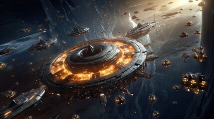 Fototapeta premium A massive spaceship on the galaxy. Cinematic movie. Cinematic Still, intense space battle between two massive battleships