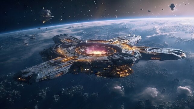 A massive spaceship on the galaxy. Cinematic movie. Cinematic Still, intense space battle between two massive battleships