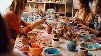 Group of people painting clay. Hobbie activity indoors, painting watercolor. Close up hands during a class. Adult people learning skills