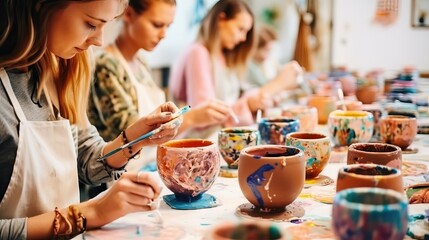 Group of people painting clay. Hobbie activity indoors, painting watercolor. Close up hands during a class. Adult people learning skills