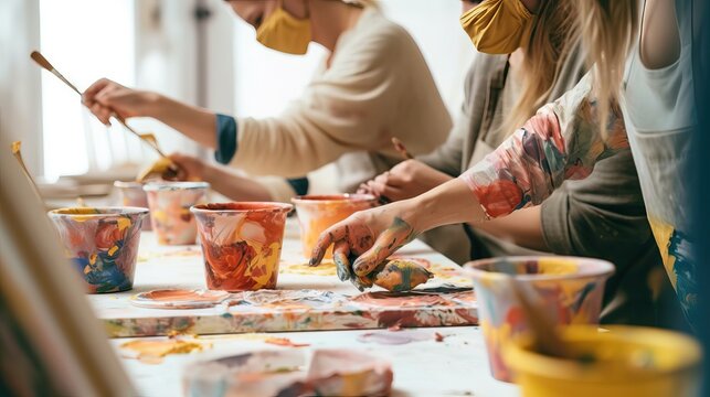 Group of people painting clay. Hobbie activity indoors, painting watercolor. Close up hands during a class. Adult people learning skills
