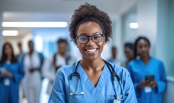 Portrait, Nurse Doctor At Hospital Standing At The Corridor, Black Woman. Medical, Healthcare Professional Or Worker Smile, Happy And Excited At Work