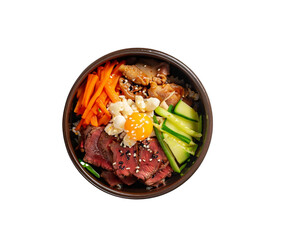 korean bibimbap bowl with galbi beef and pickled vegetables shot from top view and isolated