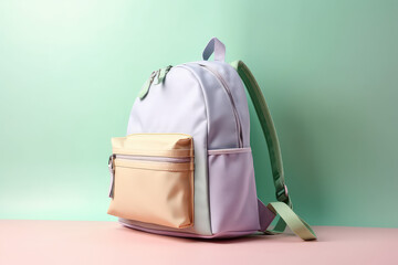 Female backpack on studio background with copy space. Banner template. Light pastel colors palette - purple, green. Generative AI photo imitation.