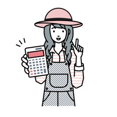 a farmer woman recommending, proposing, showing estimates and pointing a calculator with a smile