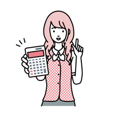 a woman in clerical uniform recommending, proposing, showing estimates and pointing a calculator with a smile