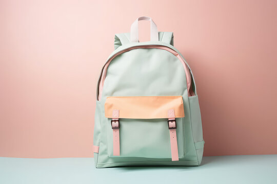 Classic backpack on studio background with text space. Banner template. Light pastel colors palette - pink, blue. Generative AI studio photo imitation.