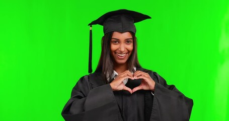 Happy woman, graduate and heart hands on green screen for love or compassion against a studio background. Portrait of female person or student with loving emoji, sign or shape symbol on mockup space - Powered by Adobe