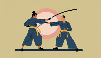 Illustration of iaido man martial arts Japanese painting minimalist