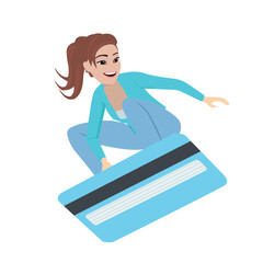 Vector Cartoon Woman Surfing on Credit Card