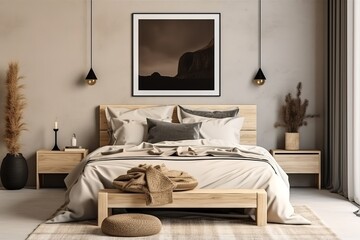 3d render Nordic style bedroom,Modern bedroom interior with concrete walls, Generative AI