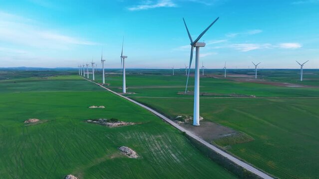 Wind farm in the surroundings of the Menhir de Piedra Alta in San Pedro Samuel. Alfoz region. World geological heritage UNESCO. Las Loras Geopark. Burgos. Castile and Leon. Spain. Europe