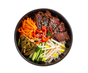 korean bibimbap bowl with galbi beef and pickled vegetables shot from top view and isolated