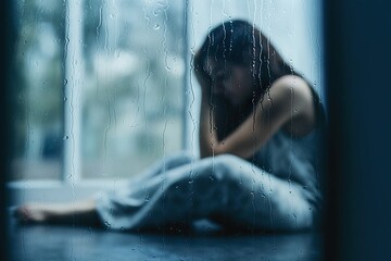 Blurred depressed woman sitting on bed and holding head in hands, mental health concept, rainy day, look for help.