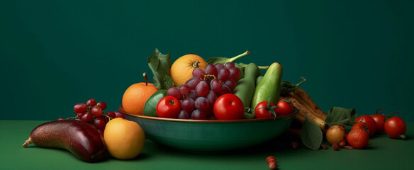 Fototapeta na wymiar vegetables and fruit in a bowl on a green table