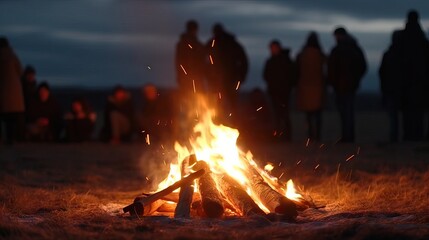 Bonfire with blurred people having fun, festival day, summer camp concept, night party, friends having fun,
