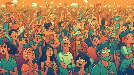 Group of people in a festival, crowd during a summer party concert. Colorful illustration, summer indi dance rock music fest.