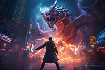 A dragon and a wizard fighting at Times Square New York fantasy artwork