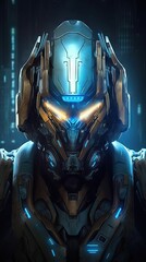 cinematic mecha soldier warrior with glowing neon eyes.Realistic futuristic artificial intelligence machine. futuristic war concept