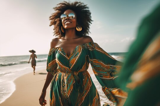 black woman walking along the beach, summer vacation holiday concept