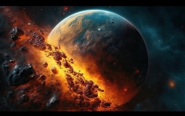 Exoplanet cinematic Exploration - Fantasy Landscape. Exoplanets in colorful space with constellations and stardust.
