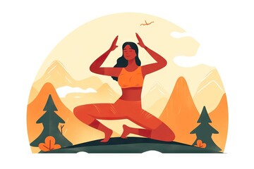 woman in meditation yoga post on greensward. Vector illustration style