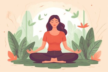 woman in meditation yoga post on greensward. Vector illustration style