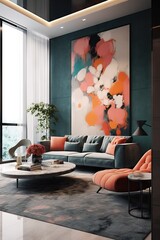Modern living room with a large Decorative Painting in a elegant style