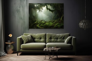 green sofa with pillow near metal modern floor lamp,Generative AI