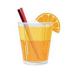 Vector illustration of a citrus cocktail with an orange slice and tubules on a white background in a flat style. Suitable for menu design, food stickers, scrapbooking.