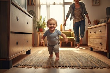 Baby taking first steps with father's help at home, Parents At Home Encouraging Baby Daughter To Take First Steps - obrazy, fototapety, plakaty