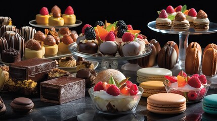 Sweet dessert cakes and cupcakes and jellys on the candy bar at the celebration