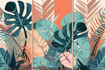 Summer tropical wall arts vector. coconut leaf, monstera leaf, line arts, botanical background design for framed wall prints, canvas prints, poster, home decor, cover, cores suaves