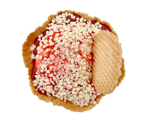 Ice cream in eatable waffle bowl with red strawberry sauce isolated png file