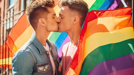 Obraz premium two handsome man kissing, gay couple, rainbow flag in the background, lgbti pride fight concept, love is love revolution