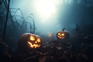 Halloween pumpkins in a spooky forest - Generative AI